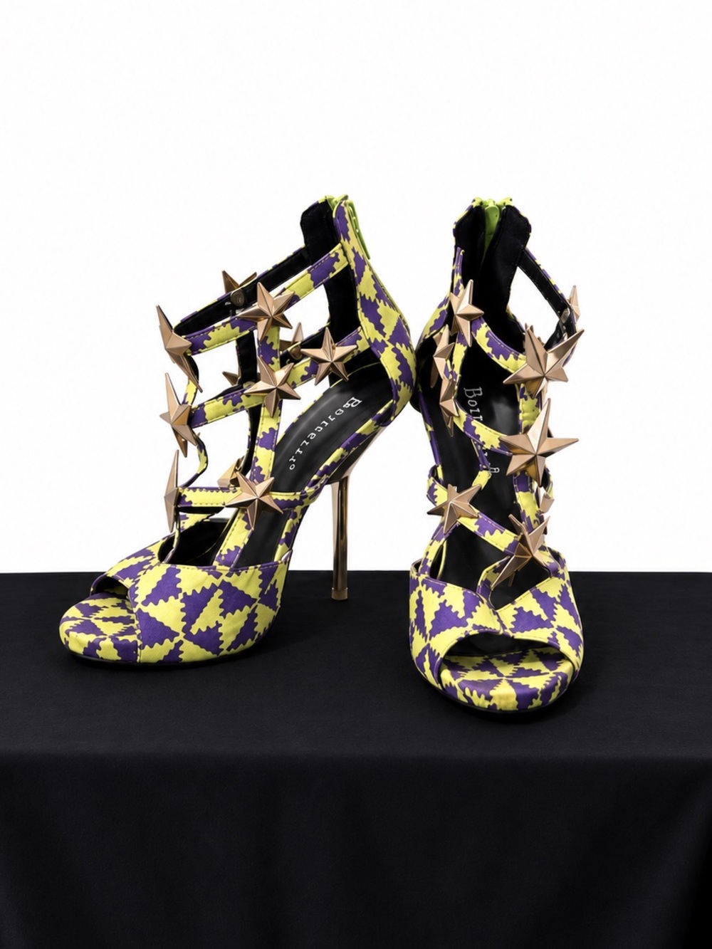 Vintage Purple/Lime Print Stiletto Heels with Gold Star Details
